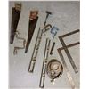 Image 7 : Lot: Wood Step Ladder, Hand Saws, Levels, Squares, Braces, Clamps, Hardware