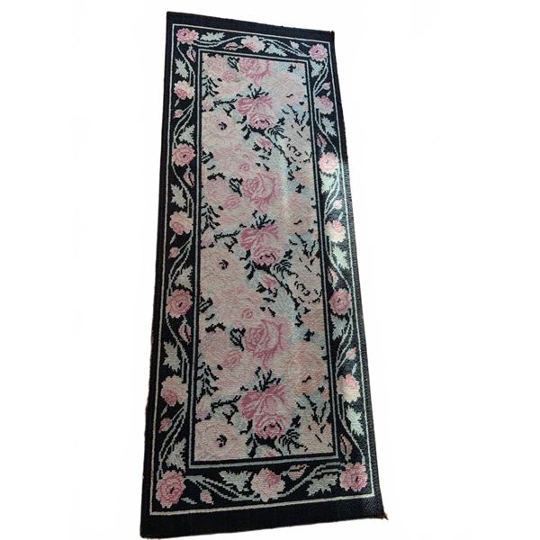 Floral Wool Runner Rug with Pink Roses and Black Border