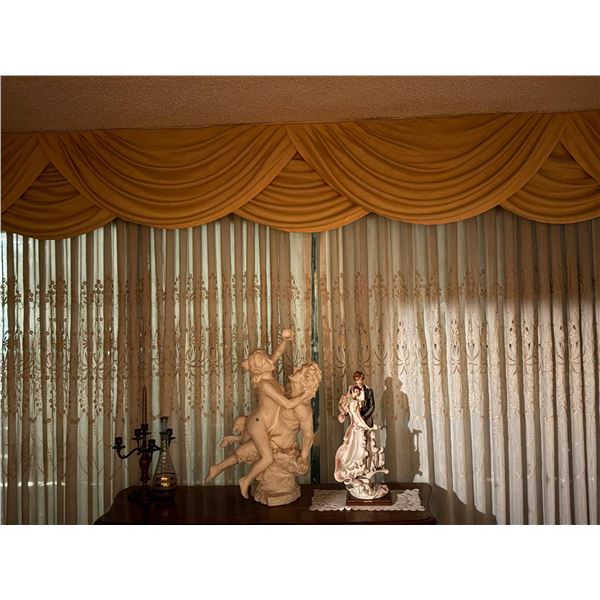 Elegant Drapery Panels with Embroidered Sheer Curtain and Gold Satin Valance