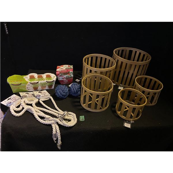 Lot of new gift shop items including baskets, hook and line hangers and more