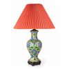 Image 1 : Chinese Cloisonné Enamel Vase Table Lamp with Floral Motif, Wooden Stand, Red Shade