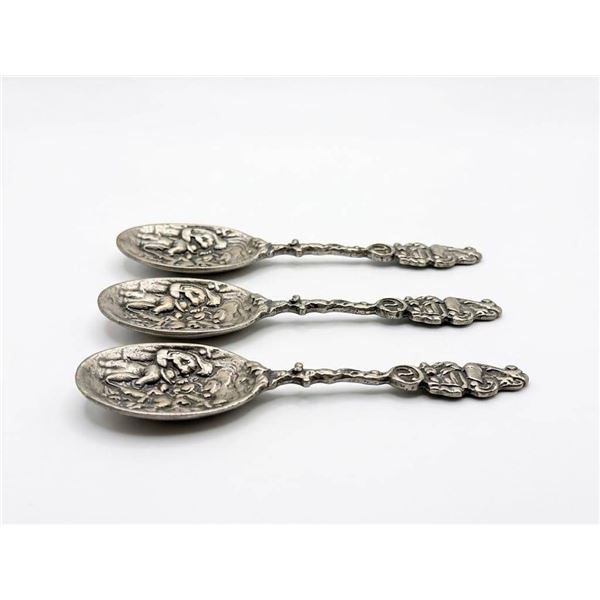 3 Ornate Silver Spoons with Figural and Scene Embossed Bowls