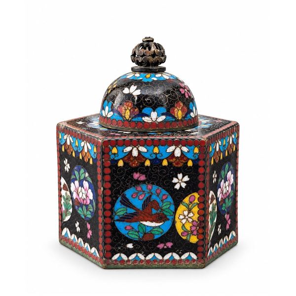 Hexagonal Chinese Cloisonné Enamel Lidded Jar with Floral and Bird Motifs