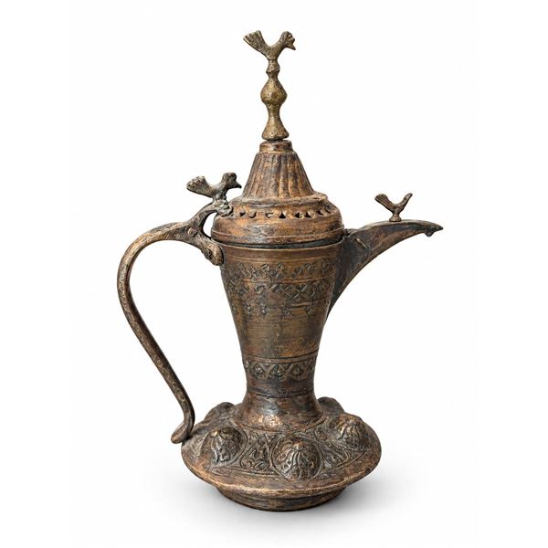 Engraved Ottoman Ewer with Bird Motifs and Arabic Inscription on Lid