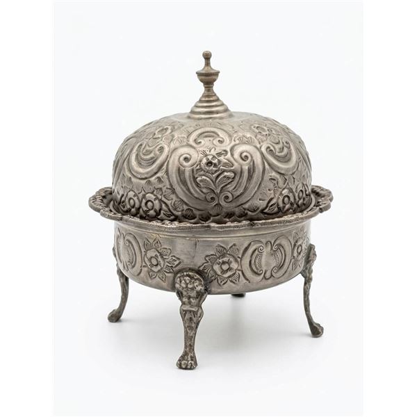 Ornate Lidded Silver Plated Serving Dish With Footed Base and Floral Embossed Detail