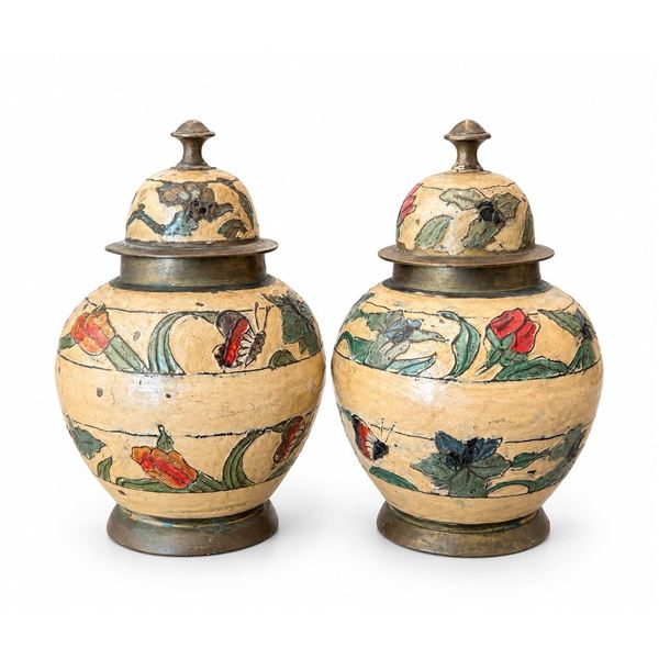 Painted Lidded Brass Jars With Floral And Butterfly Motifs