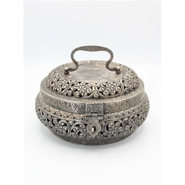 Ornate Round Silver Metal Lidded Box with Handle and Divider