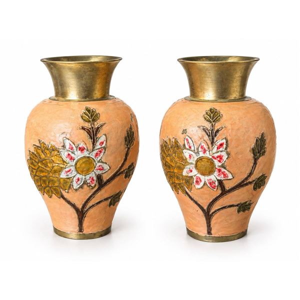 Brass and Terracotta Floral Embossed Vases with Gold Detailing
