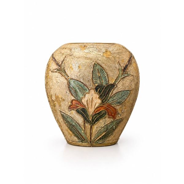 Decorative Gilt Vase with Floral Relief Design, Gold Finish, Leaf Motif