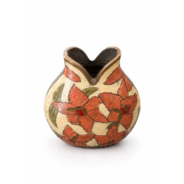 Ceramic Vase with Dual Spout and Red Floral Pattern