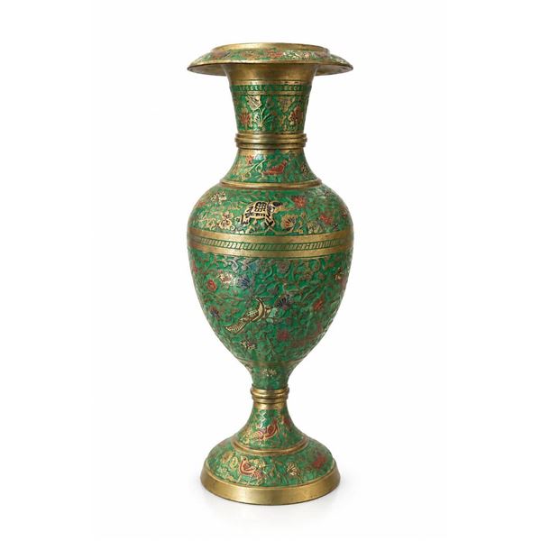 Enamelled Brass Urn-Shaped Vase with Floral and Bird Motif Decoration