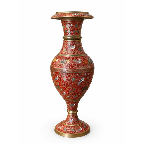 Red Lacquered Brass Floor Vase with Polychrome Floral and Animal Motifs