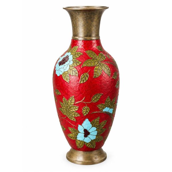 Decorative Brass Vase With Red, Blue, and Green Floral Motif