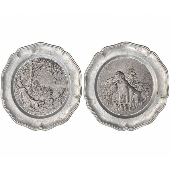 Embossed Pewter Wall Plates with Hunting Dog and Game Bird Scenes