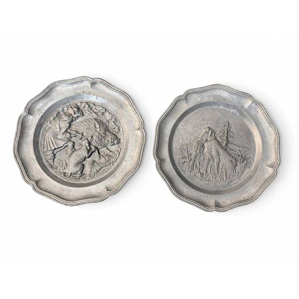 Embossed Pewter Wall Plates with Hunting Dog and Boar Reliefs, Marked NS