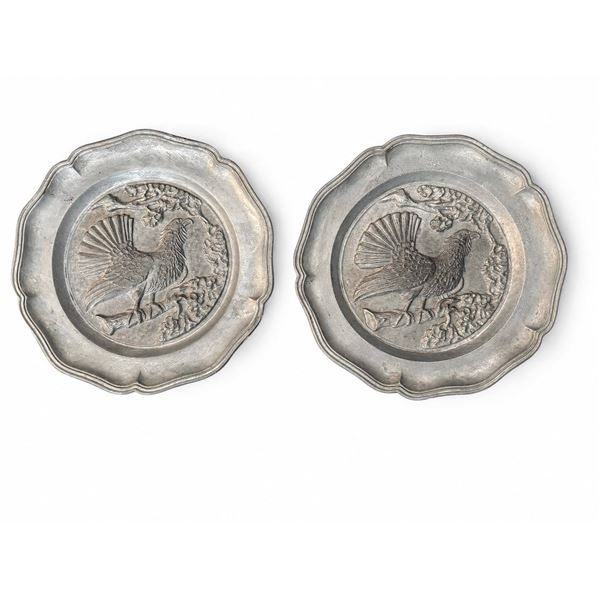 Embossed Pewter Wall Plates with Bird Relief and Scalloped Edges