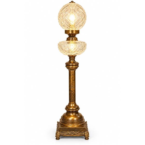 Cut Crystal and Brass Table Lamp with Ornate Pedestal Base