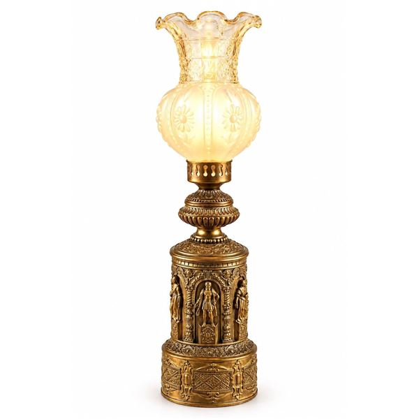 Bronze Oil Lamp with Figural Relief Base and Opaline Glass Shade