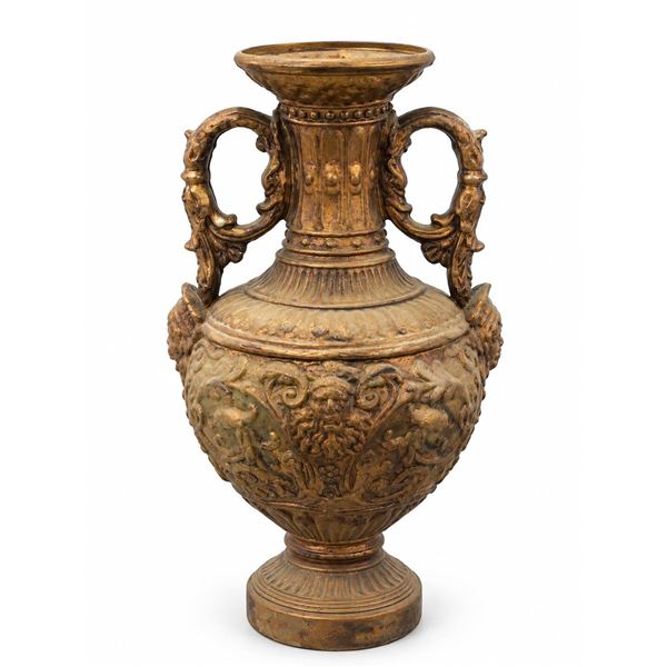 Large Gilt Composite Urn with Lion and Scroll Relief Handles and Decorative Motifs
