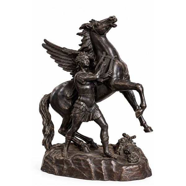 Bronze Sculpture of Greek Figure with Pegasus and Lyre on Decorative Base