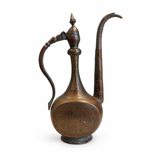 Engraved Copper Ewer with Hinged Lid and Long Spout, Relief Decoration