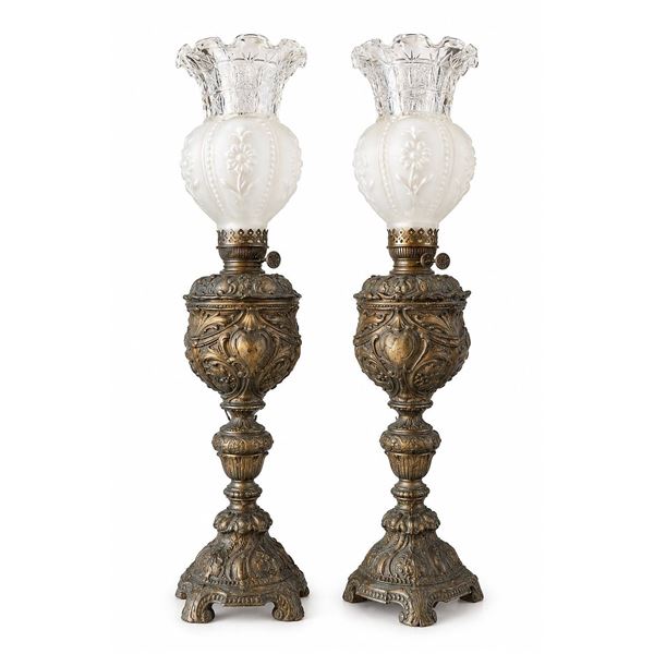 Ornate Cast Metal Table Lamps with Frosted and Clear Glass Shades