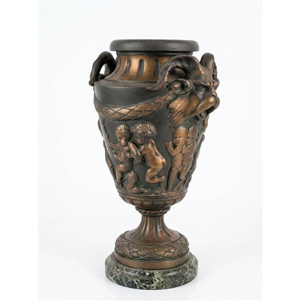 Bronze Vase with Putti Relief and Ram Head Handles on Marble Base