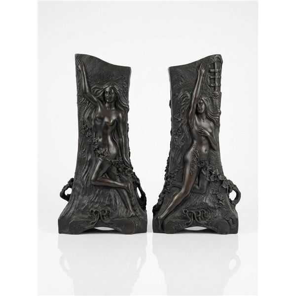 Bronze Art Nouveau Bookends With Nude Female Figures And Leaf Motif