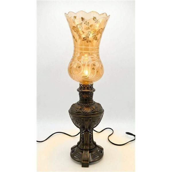 Ornate Bronze Table Lamp with Floral Etched Glass Shade and Electric Light