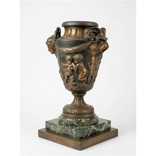Bronze Urn with Putti Relief and Ram's Head Handles on Marble Base