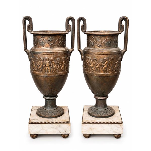 Patinated Bronze Krater Urns on Marble Bases with Figural Relief Decoration