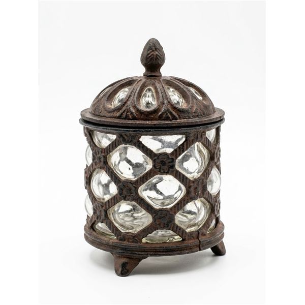 Cast Iron and Pressed Glass Lidded Jar with Diamond Pattern, Footed Base