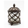 Image 1 : Cast Iron and Pressed Glass Lidded Jar with Diamond Pattern, Footed Base