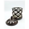 Image 2 : Cast Iron and Pressed Glass Lidded Jar with Diamond Pattern, Footed Base