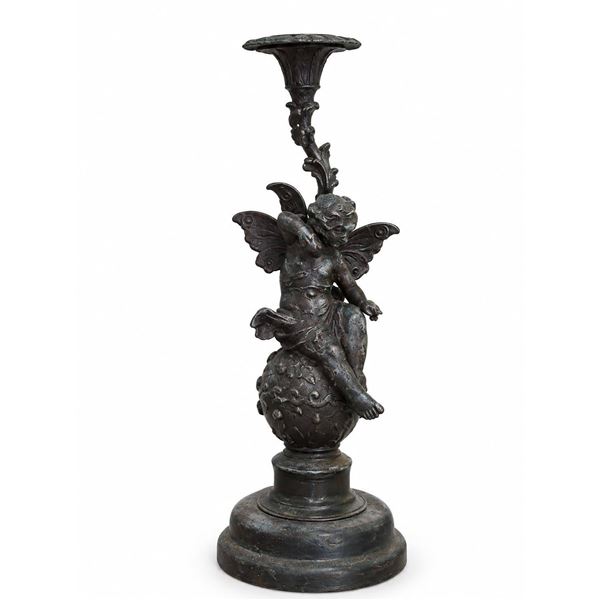 Bronze Figural Candlestick Cherub with Butterfly Wings on Ball Motif Base