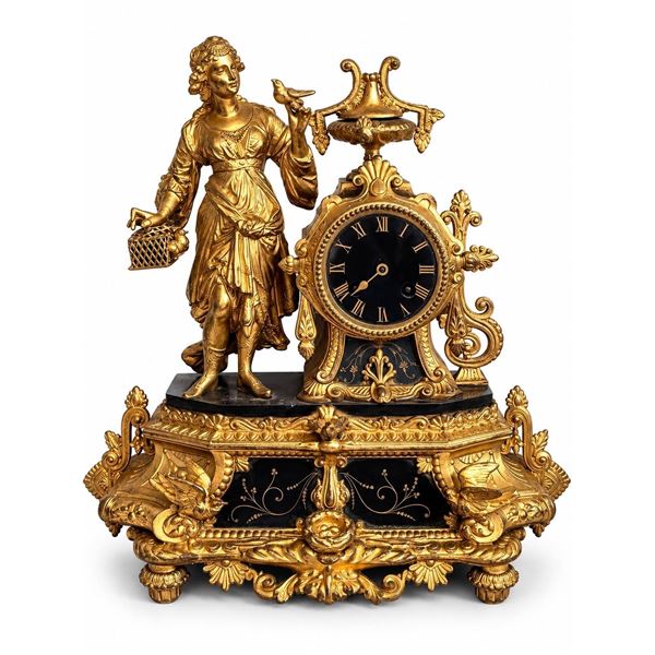 Ornate Gilt Bronze Mantel Clock with Female Figure and Bird, Roman Numeral Dial
