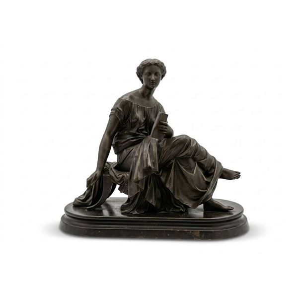 Patinated Bronze Seated Female Figure Holding Book and Stylus on Oval Base