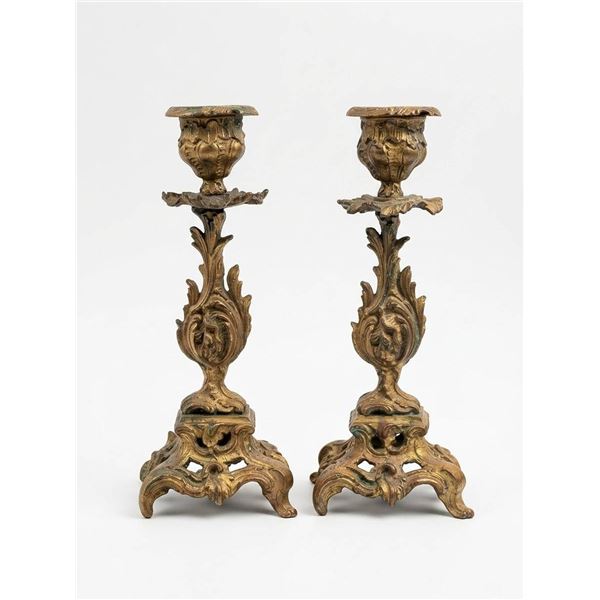 Ornate Gilt Bronze Candle Holders with Decorative Leaf Motifs