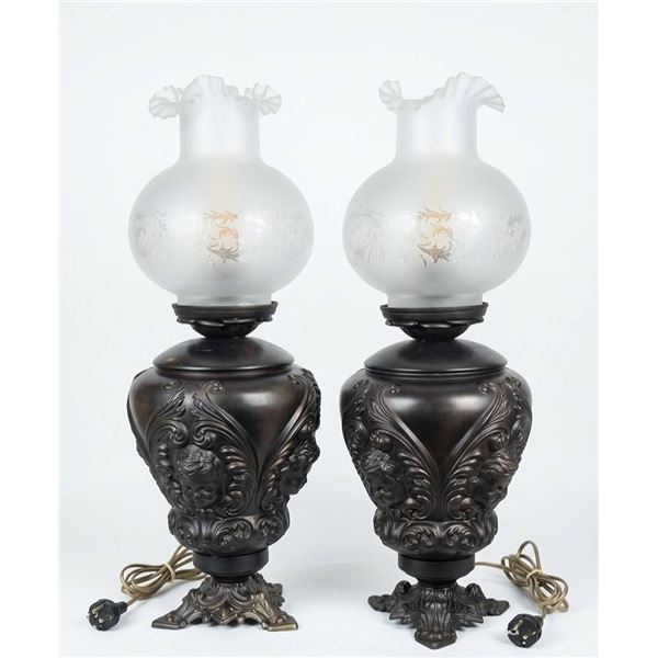 Black Metal Cherub Table Lamps with Frosted Glass Shades and Ornate Bases