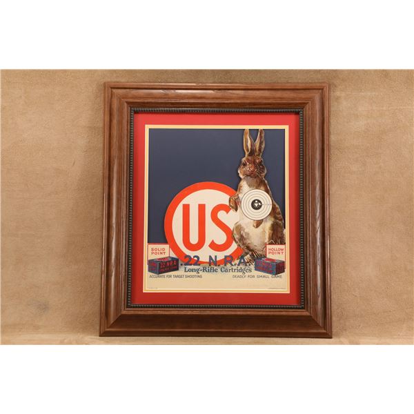 Antique 1926 US Cartridge Co. ".22 N.R.A." Die-Cut Cardboard Counter Display Sign – Framed 