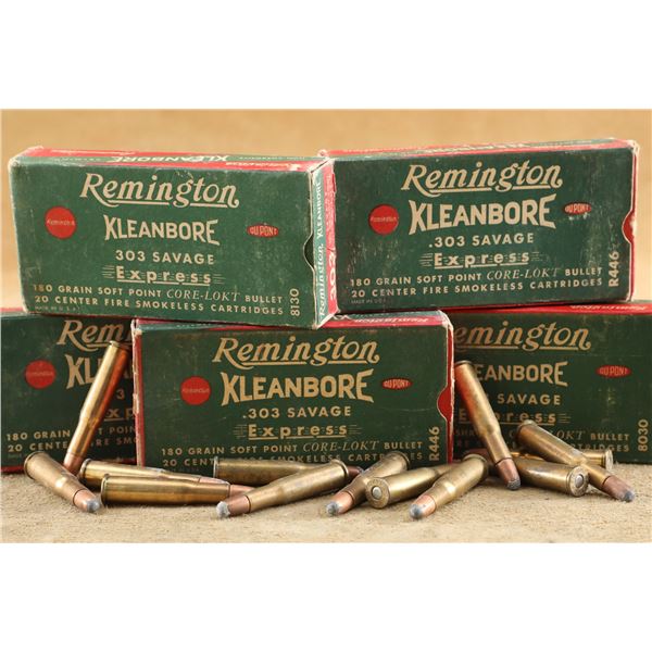 Five Vintage Boxes Of Remington Kleanbore .303 Savage Express 180 Grain Ammunition