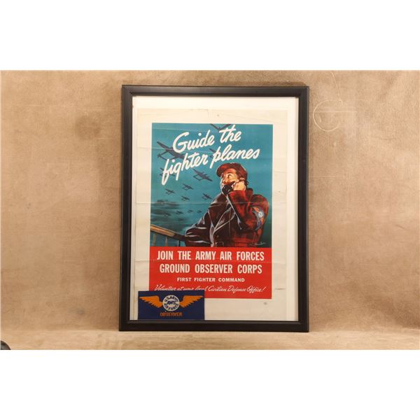 Vintage 1942 WWII USAAF Ground Observer 24x32 Framed 20x28 Poster AWS Civilian Planespotter Patch