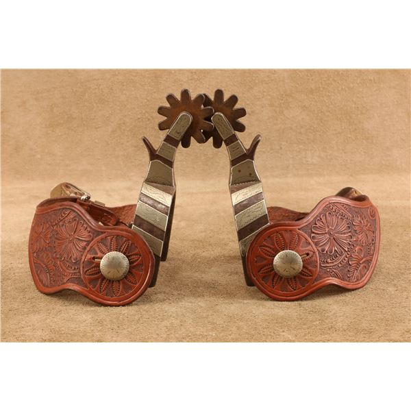 Crockett Cowboy Spurs M. Monroy Silver Buckles A.L. Pappas Tooled Straps Western Set