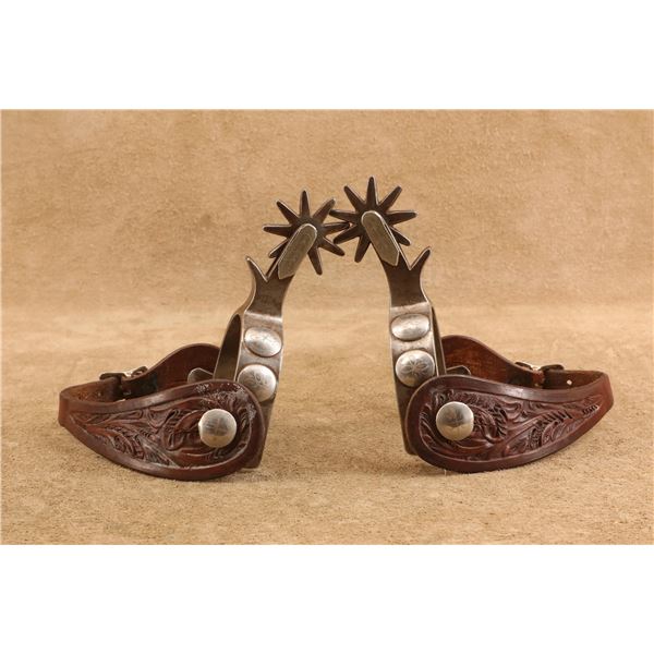 Crockett Western Spurs Tooled Leather Silver Accents North & Judd Buckles Vintage Set