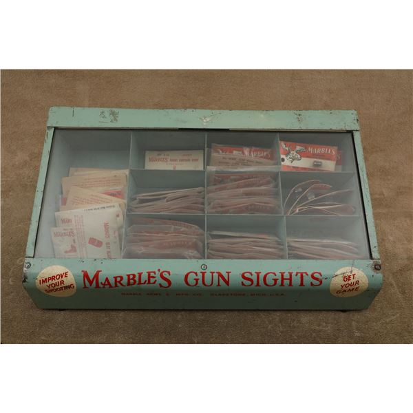 Marble's Gun Sights Advertising Display Cabinet Lot: 61 Front Sights 50NR 34W, 14R Bases, 63M Rears