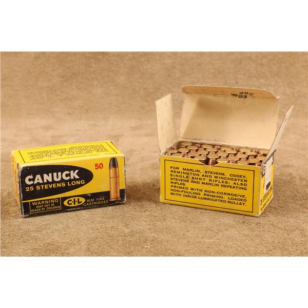 Obsolete Canuck .25 Stevens Long Rimfire Ammo. 96ct Plated 65gr FP. 1 Full Box & 1 Box w/ 46ct.