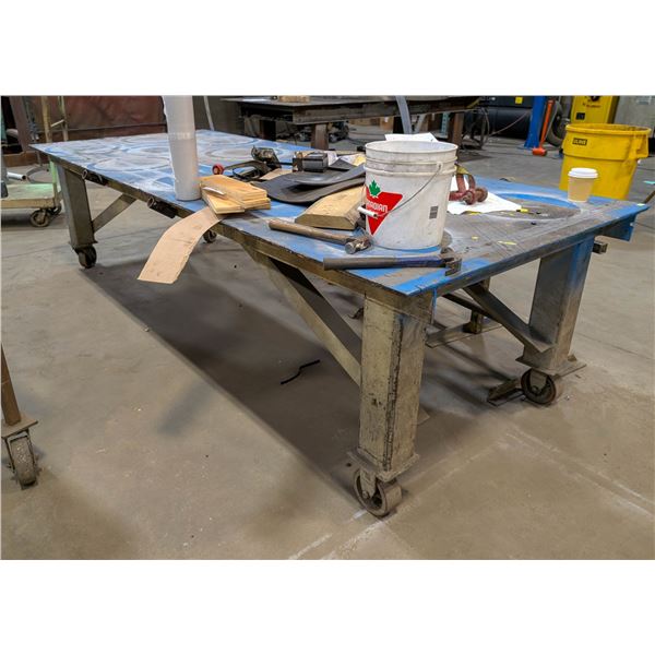 CUSTOM STEEL WORKTABLE ON CASTERS 120" X 48" X 32"