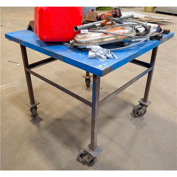CUSTOM STEEL WORKTABLE ON CASTERS 43" X 43" X 38"