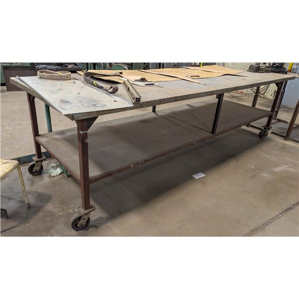 CUSTOM STEEL WORKTABLE ON CASTERS 140" X 49" X 40"