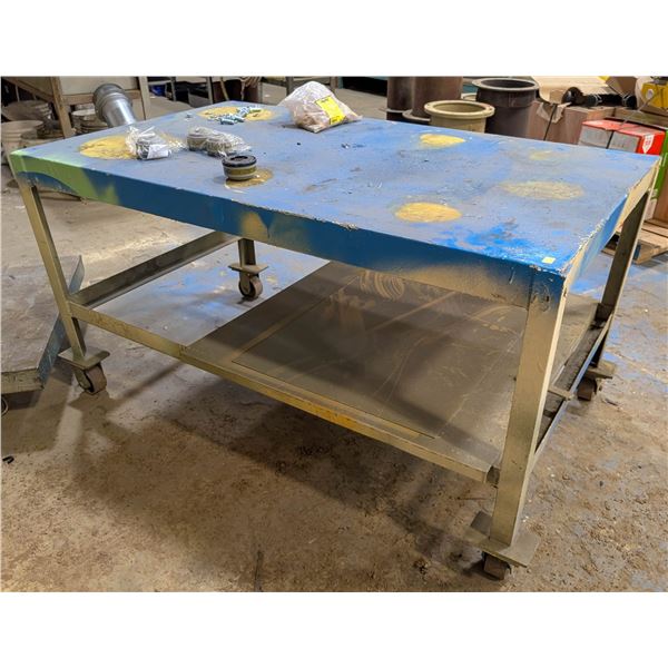 CUSTOM STEEL WORKTABLE ON CASTERS 61" X 57" X 32"